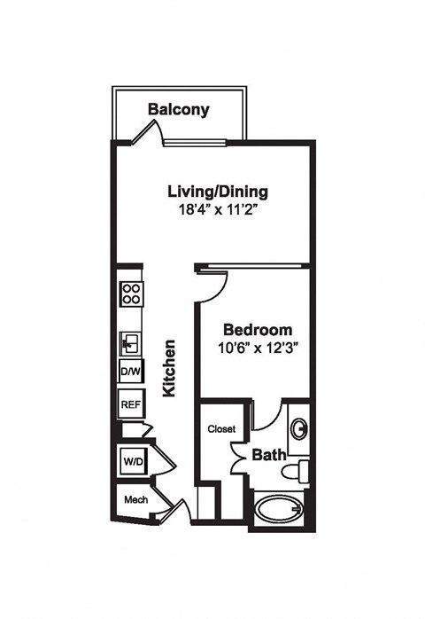 Floor plan for studio, 1 bath, 682 sqft